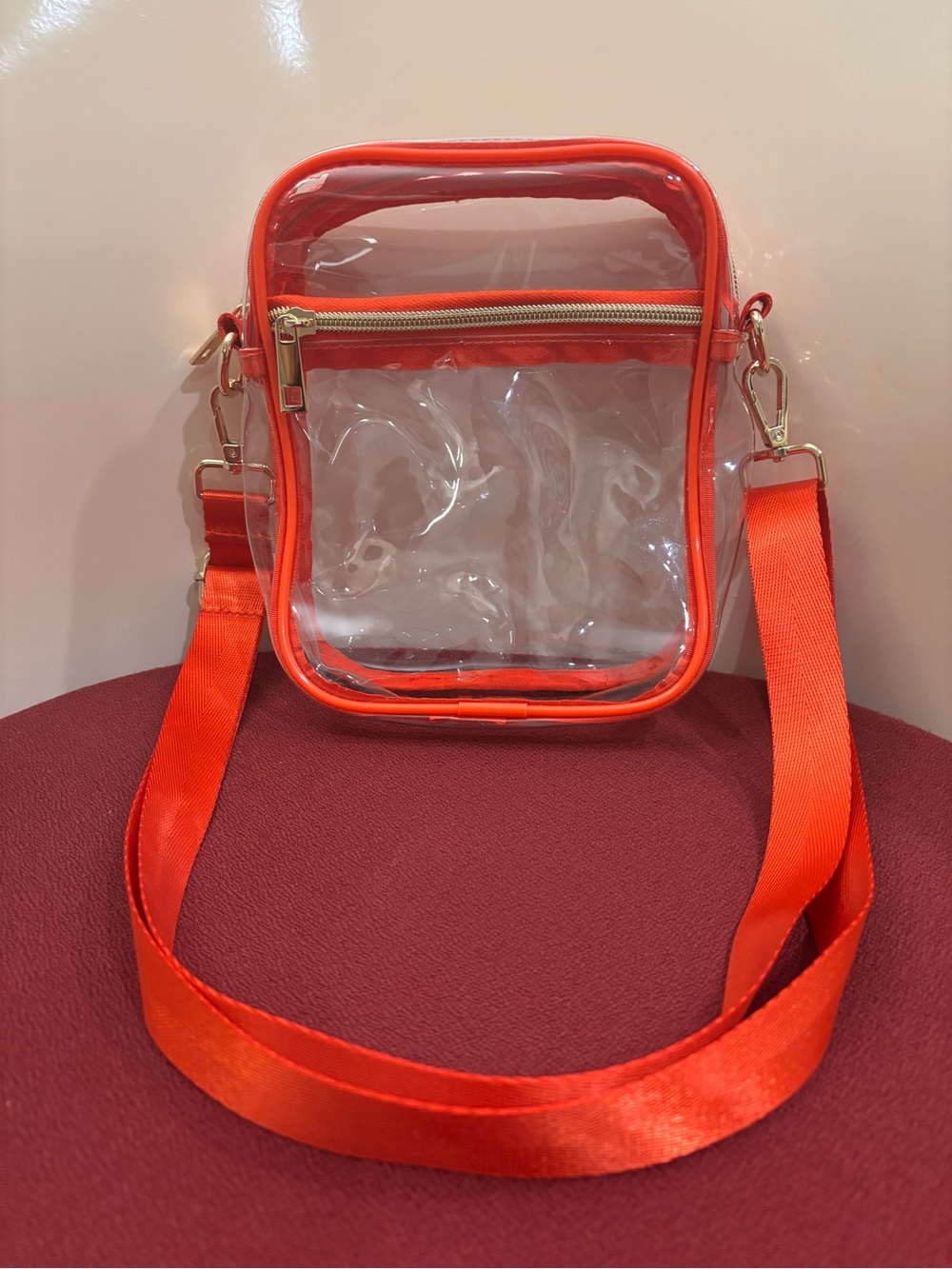 Clear Crossbody Bag Stadium Approved Transparent PVC Purse. Red w/ Gold. EUC!
